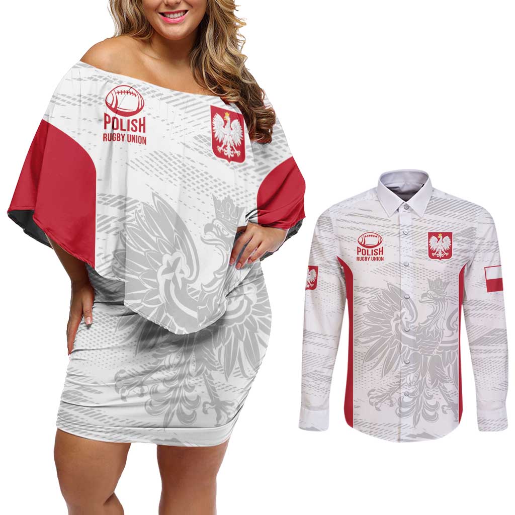 Poland Rugby Custom Couples Matching Off Shoulder Short Dress and Long Sleeve Button Shirt Biało-czerwoni The White and Reds Sporty Pattern LT9 - Wonder Print Shop