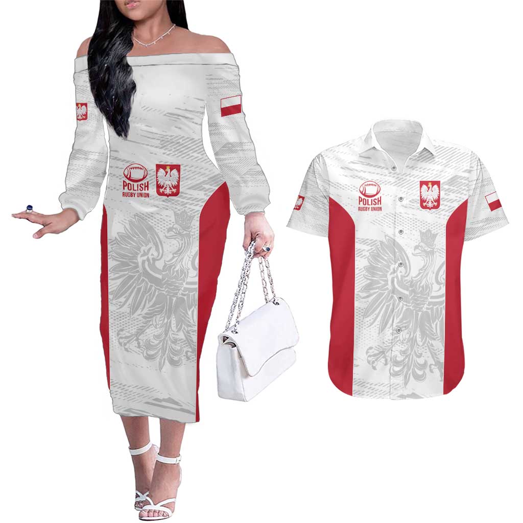 Poland Rugby Custom Couples Matching Off The Shoulder Long Sleeve Dress and Hawaiian Shirt Biało-czerwoni The White and Reds Sporty Pattern LT9 - Wonder Print Shop