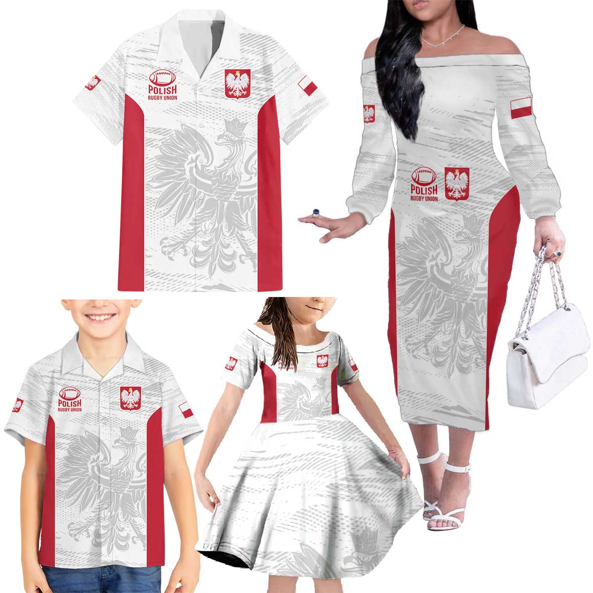 Poland Rugby Custom Family Matching Off The Shoulder Long Sleeve Dress and Hawaiian Shirt Biało-czerwoni The White and Reds Sporty Pattern - Wonder Print Shop