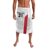 White custom sports shorts with red vertical panel, gray crest and number 21 print