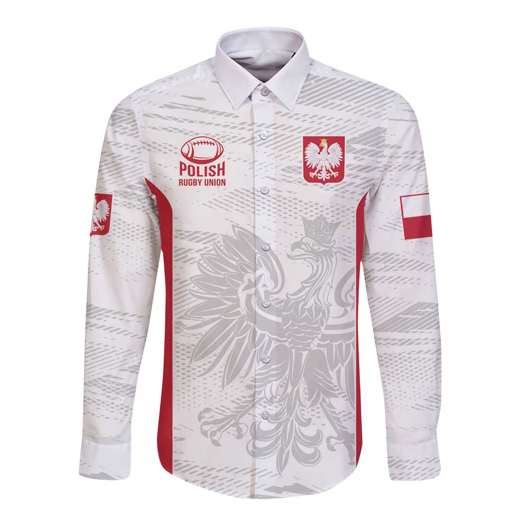 White long-sleeve rugby button shirt with red side panels, Polish crest, and patterned print