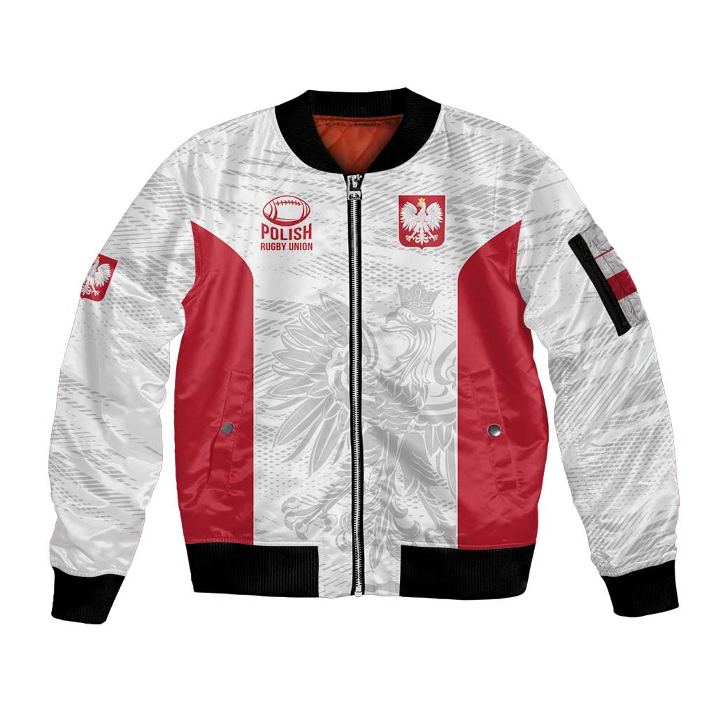 Poland Rugby Custom Sleeve Zip Bomber Jacket Biało-czerwoni The White and Reds Sporty Pattern - Wonder Print Shop