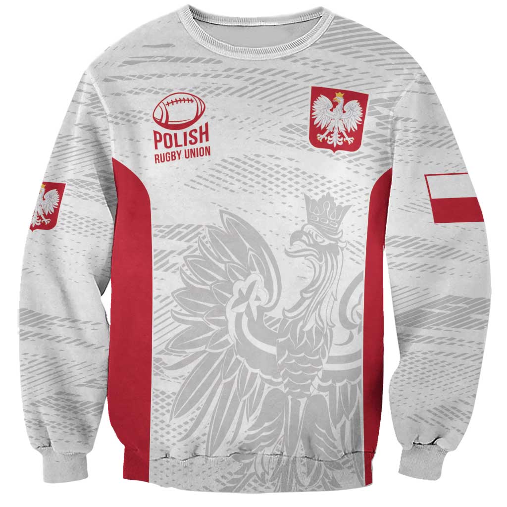 Unisex crewneck sweatshirt in light gray with red stripe panels and Poland Rugby Union crest