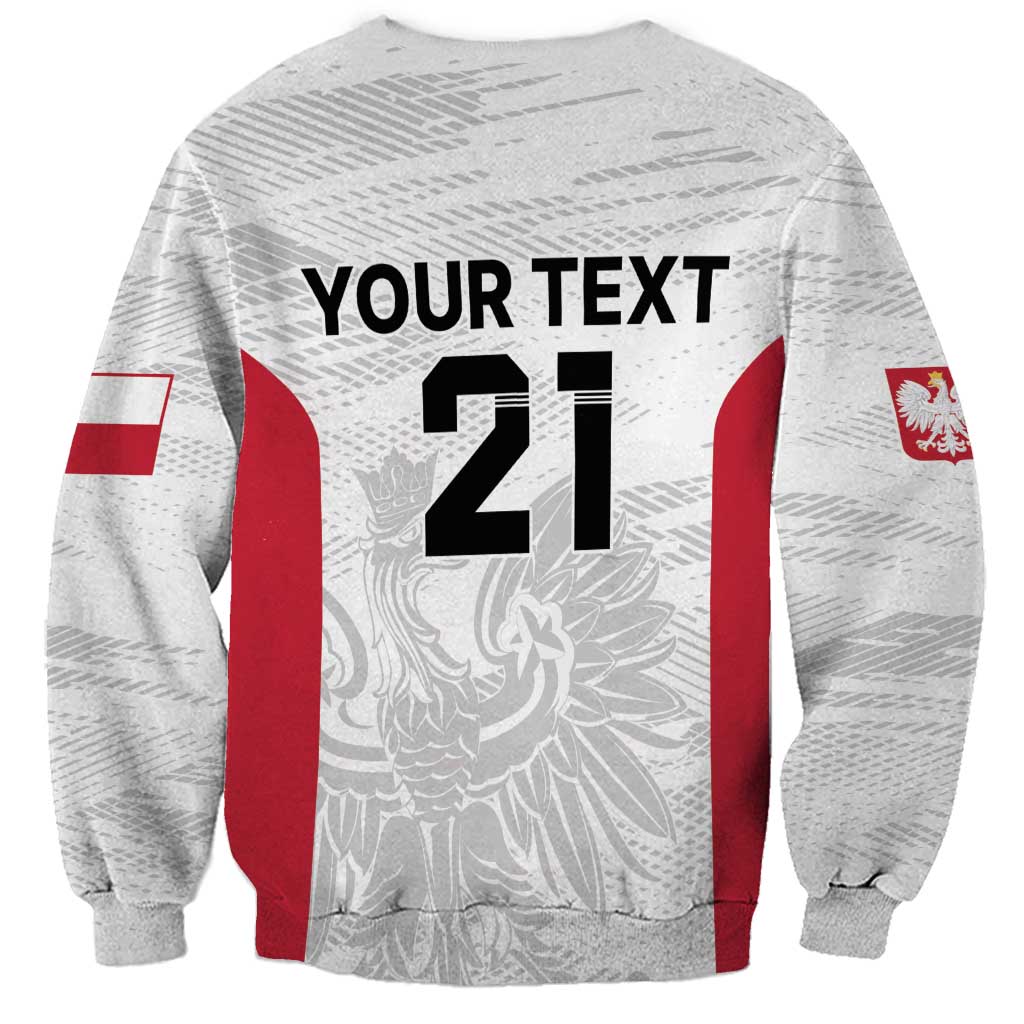 Unisex crewneck sweatshirt back with 'YOUR TEXT' and '21', red stripe panels, Poland crest