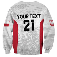 Unisex crewneck sweatshirt back with 'YOUR TEXT' and '21', red stripe panels, Poland crest