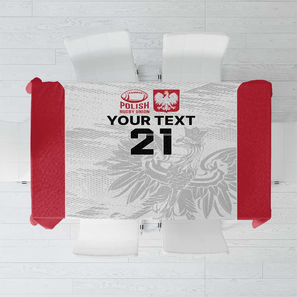 Rugby-themed custom tablecloth, white with gray pattern and red side panels, crest graphic