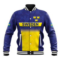 Blue and yellow varsity baseball jacket with striped rib collar and button front, Sweden crest