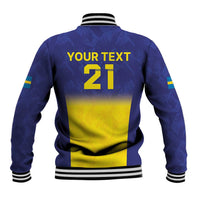 Blue and yellow back varsity jacket with striped rib hem and cuffs, 'YOUR TEXT 21'