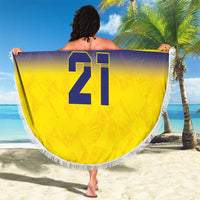 Round beach blanket flag design with crowns and large 21, 'YOUR TEXT' in blue/yellow, fringe