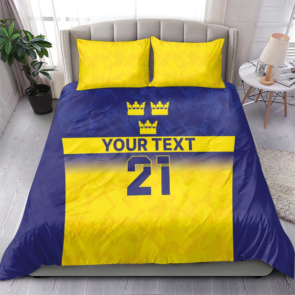 Blue and yellow duvet cover bedding set with crown icons, “YOUR TEXT,” and “21” print