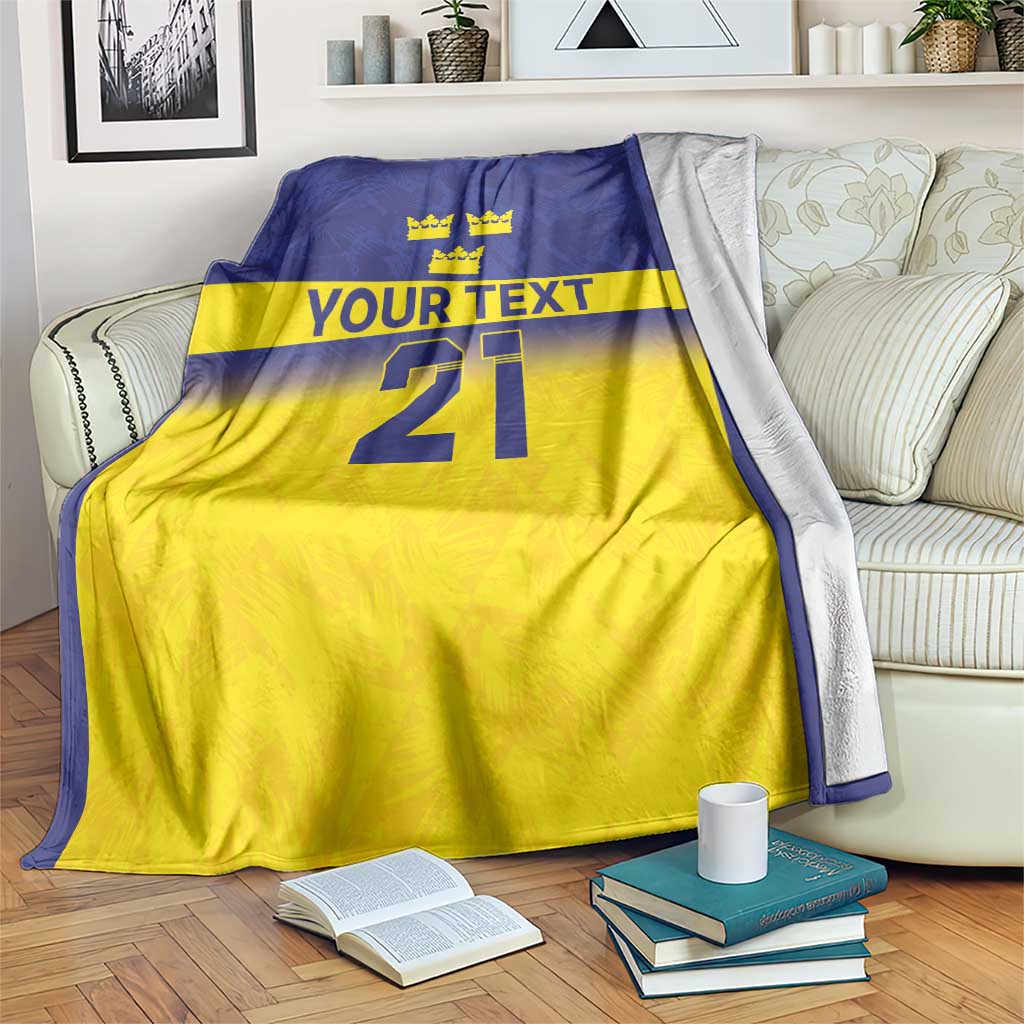 Blue and yellow custom rugby blanket with crowns, “YOUR TEXT,” and number 21.