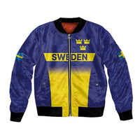 Blue bomber jacket with front zipper, Sweden flag panel and small crown logo on chest