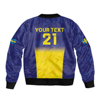 Blue bomber jacket back with YOUR TEXT 21 print, Sweden flag panel and ribbed hem