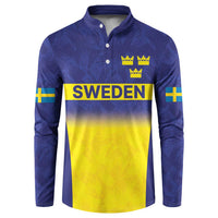 Blue rugby sweatshirt with button placket, long sleeves, crowns and Sweden logo print