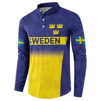 Blue rugby sweatshirt with button placket, long sleeves, crowns and Sweden front graphic