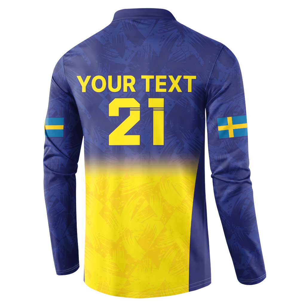 Blue rugby sweatshirt back with yellow hem gradient, crown marks, and large “YOUR TEXT 2T”
