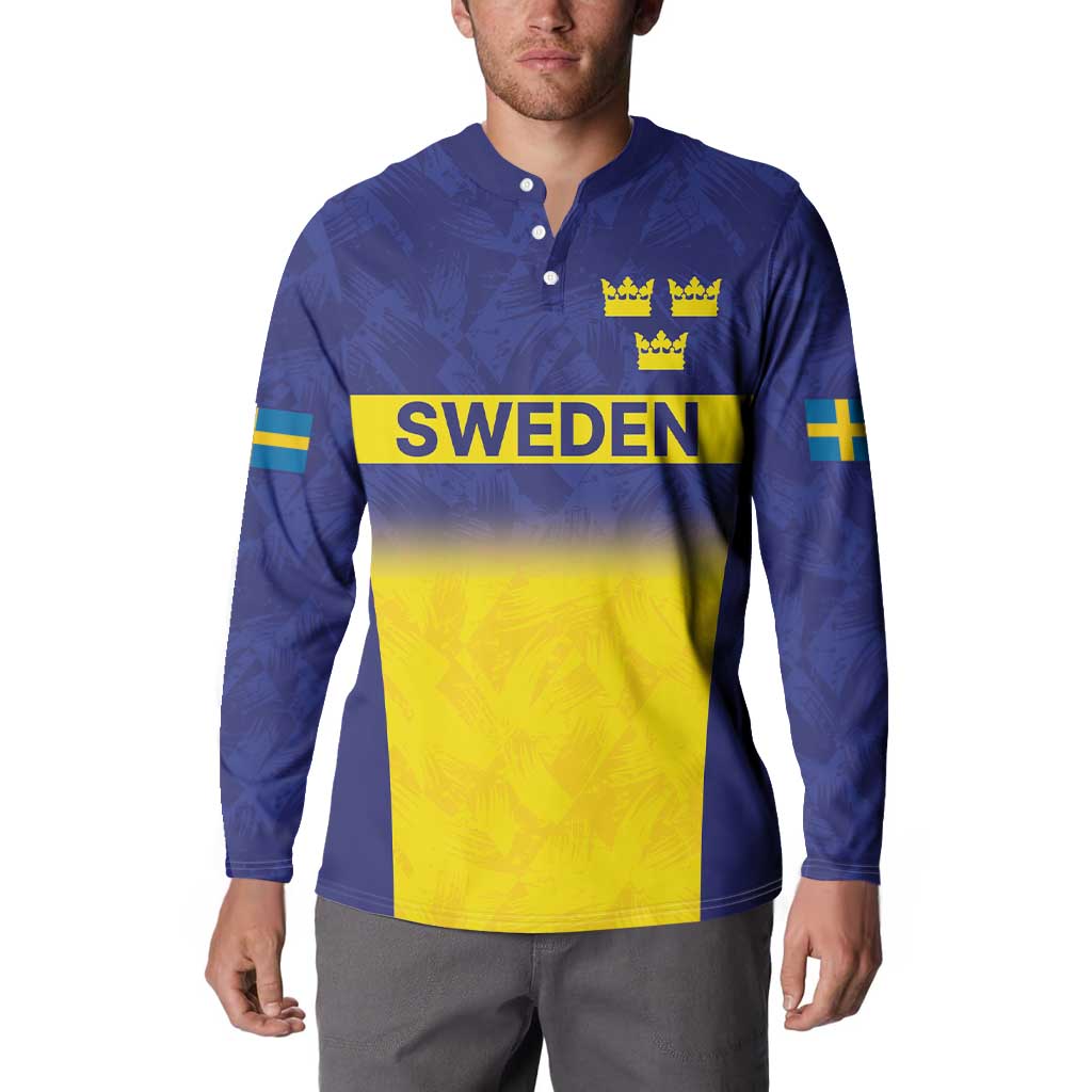 Blue rugby sweatshirt on model with button placket, long sleeves, crowns and Sweden front graphic