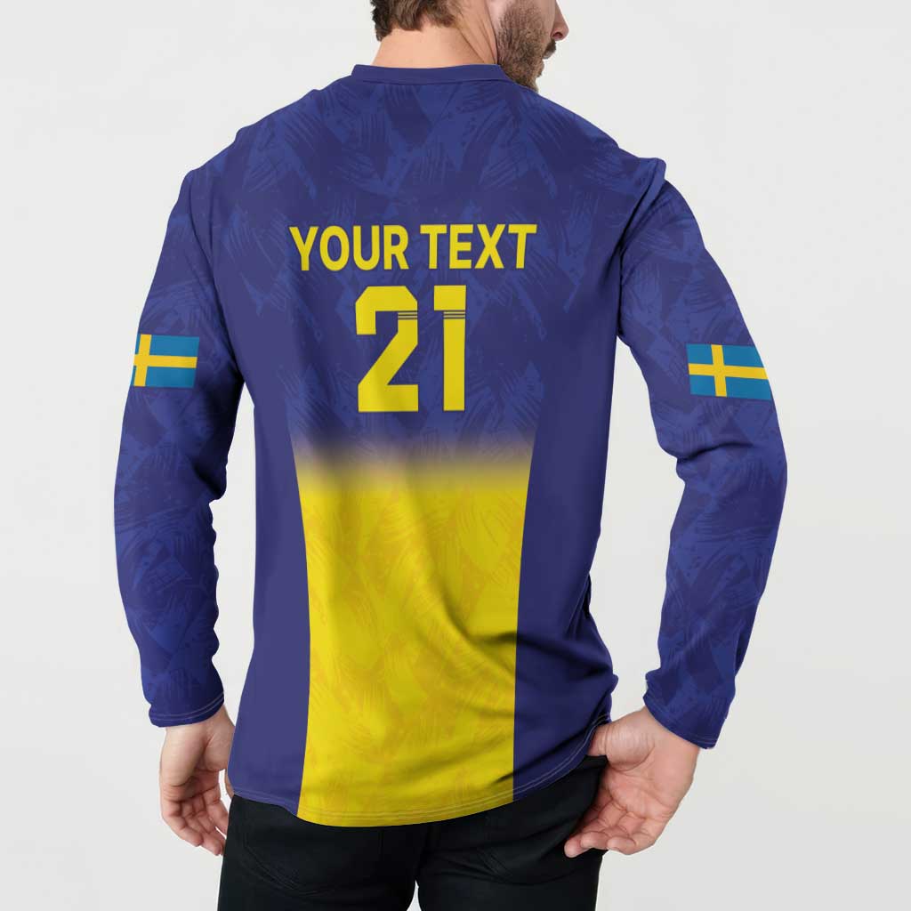 Blue rugby sweatshirt back on model with yellow hem gradient and “YOUR TEXT 21” print