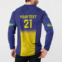 Blue rugby sweatshirt back on model with yellow hem gradient and “YOUR TEXT 21” print