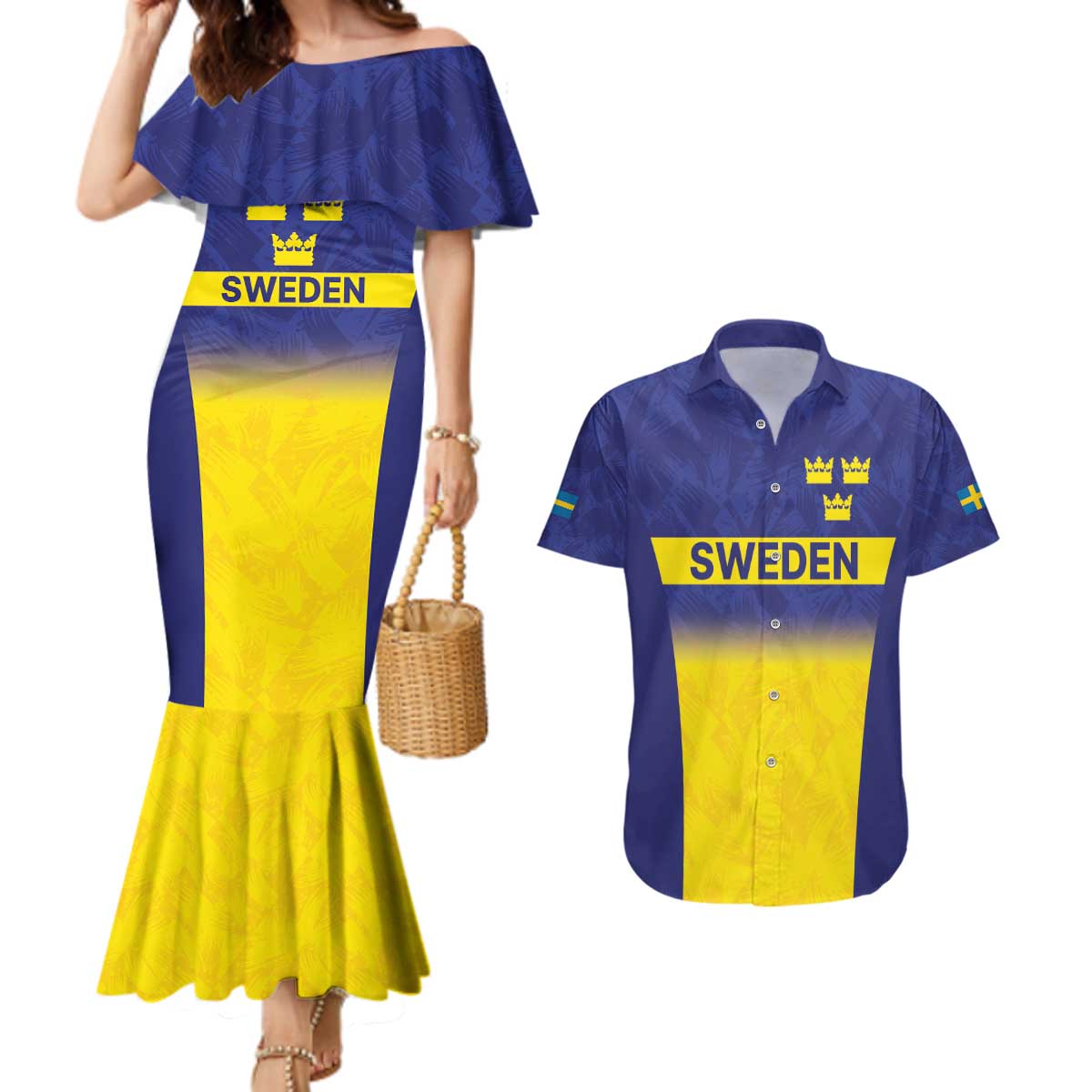 Sweden Rugby Custom Couples Matching Mermaid Dress and Hawaiian Shirt Three Crowns of Sweden Blue Pattern LT9 - Wonder Print Shop