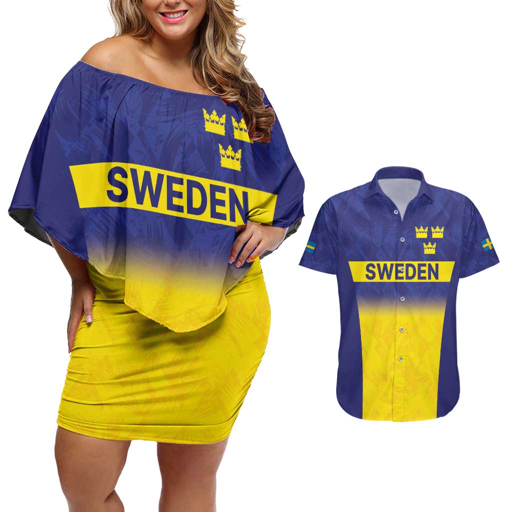 Sweden Rugby Custom Couples Matching Off Shoulder Short Dress and Hawaiian Shirt Three Crowns of Sweden Blue Pattern LT9 - Wonder Print Shop