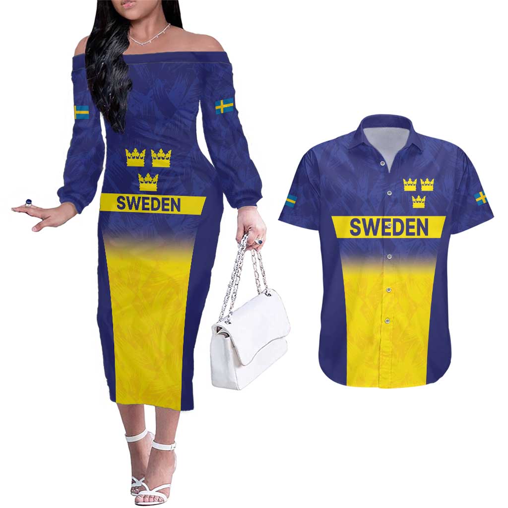 Sweden Rugby Custom Couples Matching Off The Shoulder Long Sleeve Dress and Hawaiian Shirt Three Crowns of Sweden Blue Pattern LT9 - Wonder Print Shop