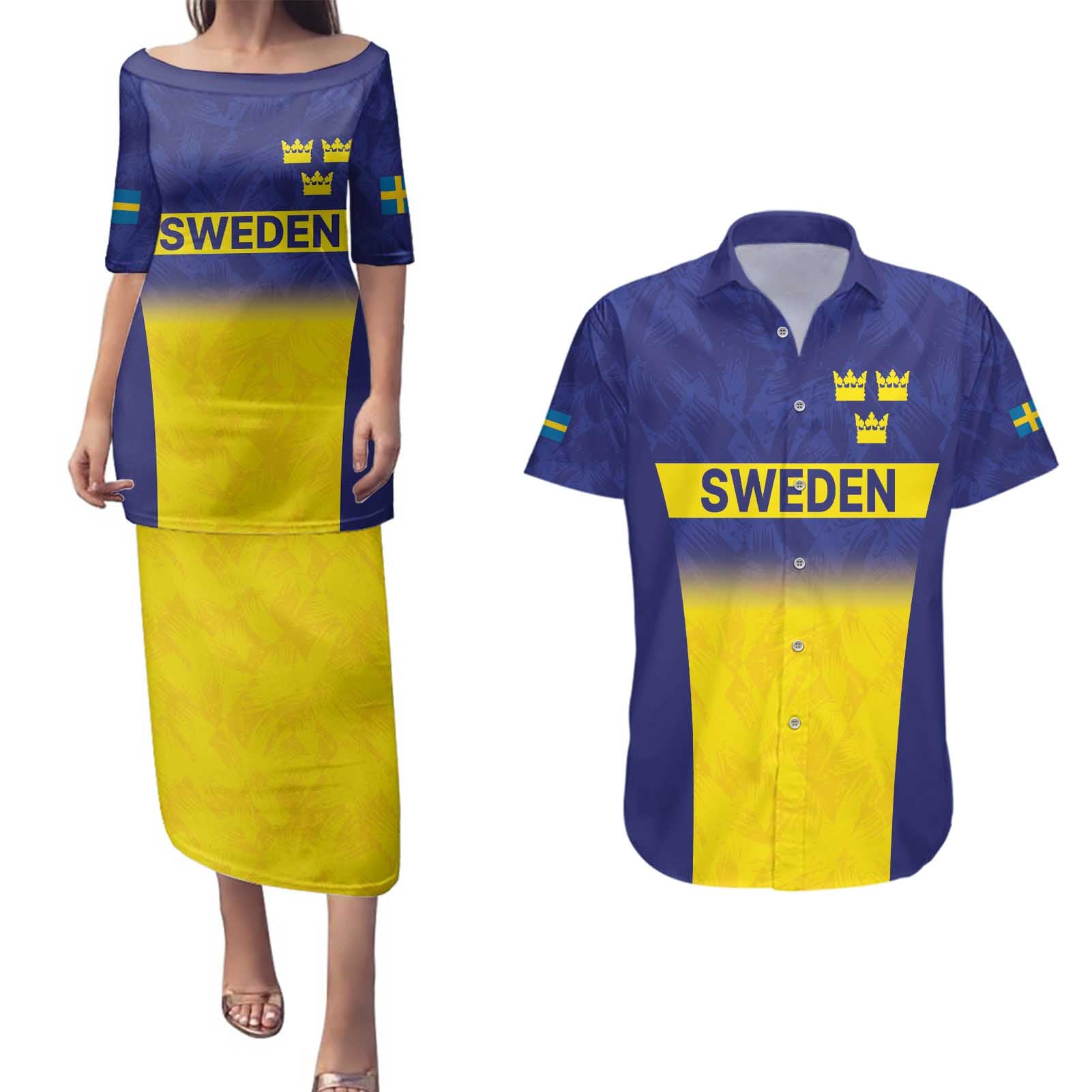 Sweden Rugby Custom Couples Matching Puletasi and Hawaiian Shirt Three Crowns of Sweden Blue Pattern LT9 - Wonder Print Shop