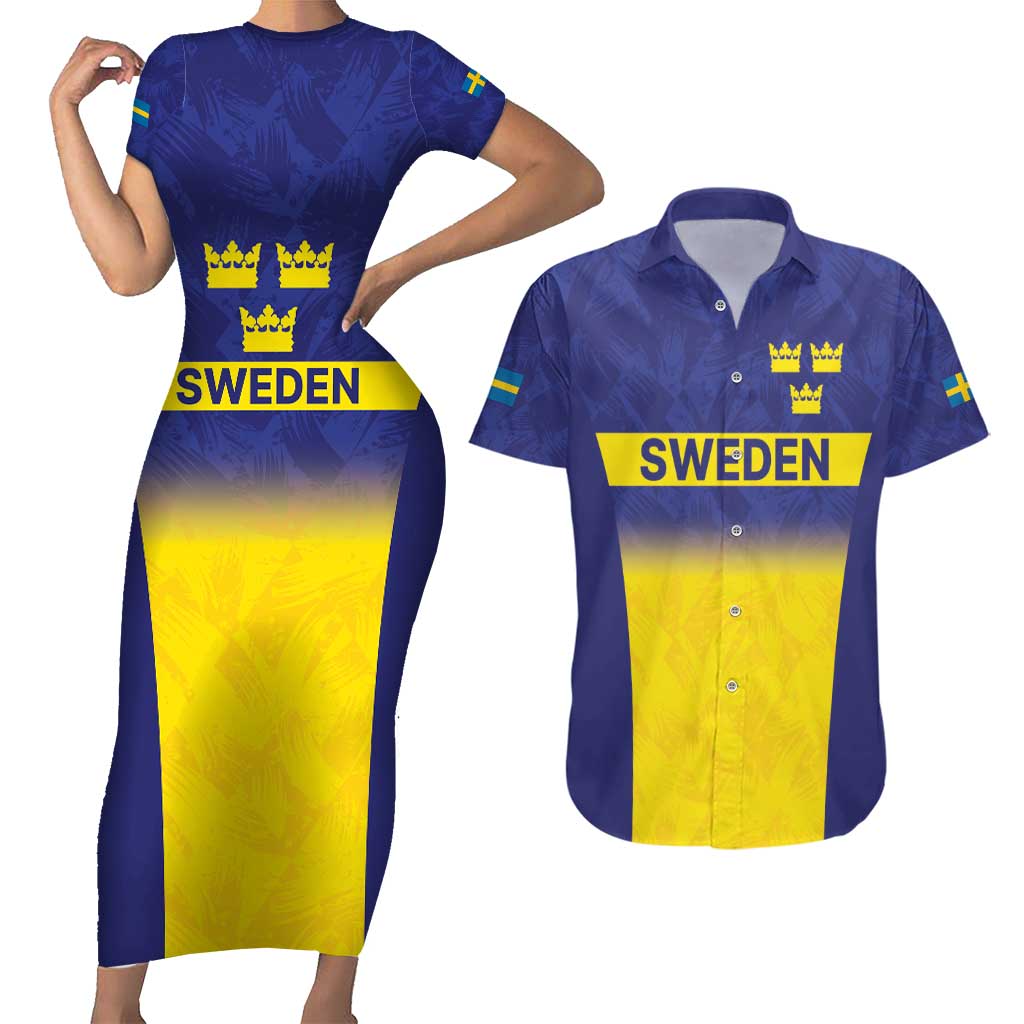 Sweden Rugby Custom Couples Matching Short Sleeve Bodycon Dress and Hawaiian Shirt Three Crowns of Sweden Blue Pattern LT9 - Wonder Print Shop