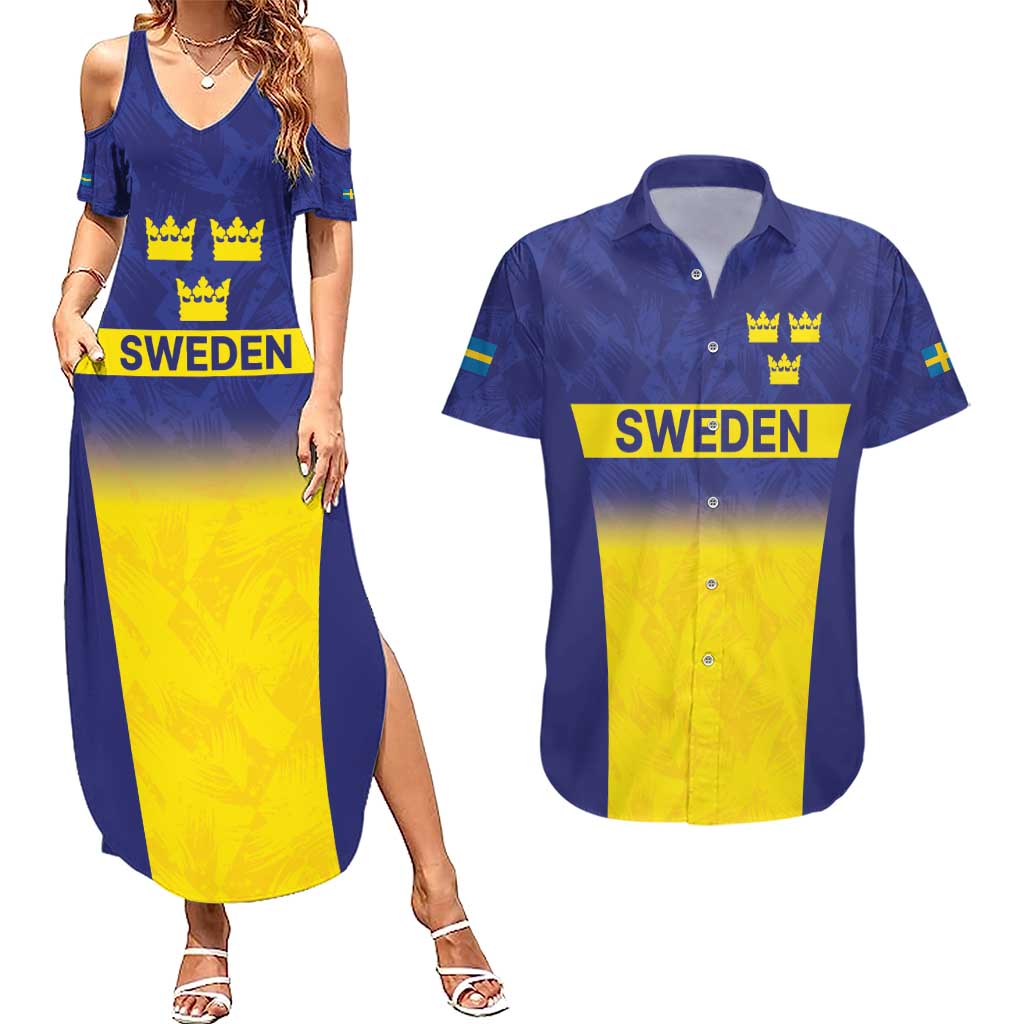 Sweden Rugby Custom Couples Matching Summer Maxi Dress and Hawaiian Shirt Three Crowns of Sweden Blue Pattern LT9 - Wonder Print Shop