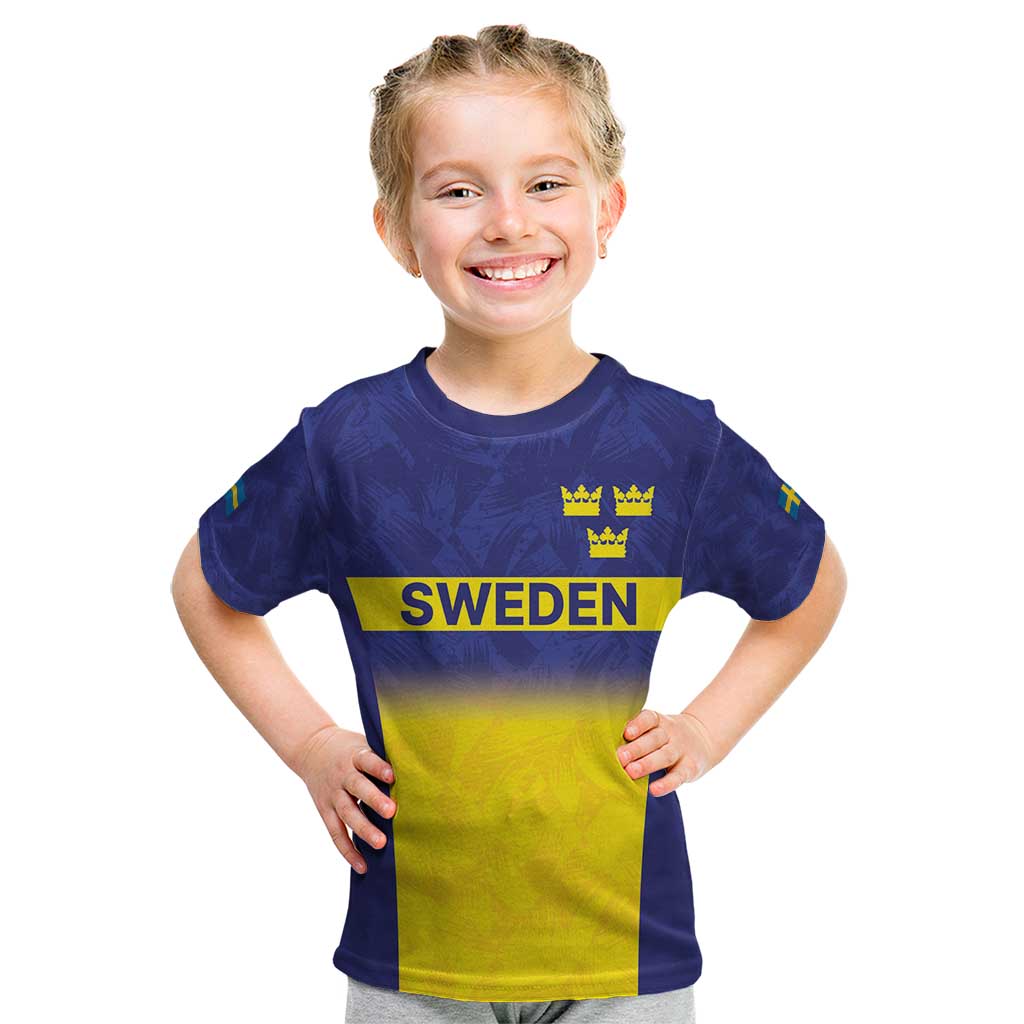 Sweden Rugby Custom Kid T Shirt Three Crowns of Sweden Blue Pattern - Wonder Print Shop