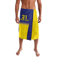 Knee-length custom shorts with blue and yellow panel design, featuring custom text print
