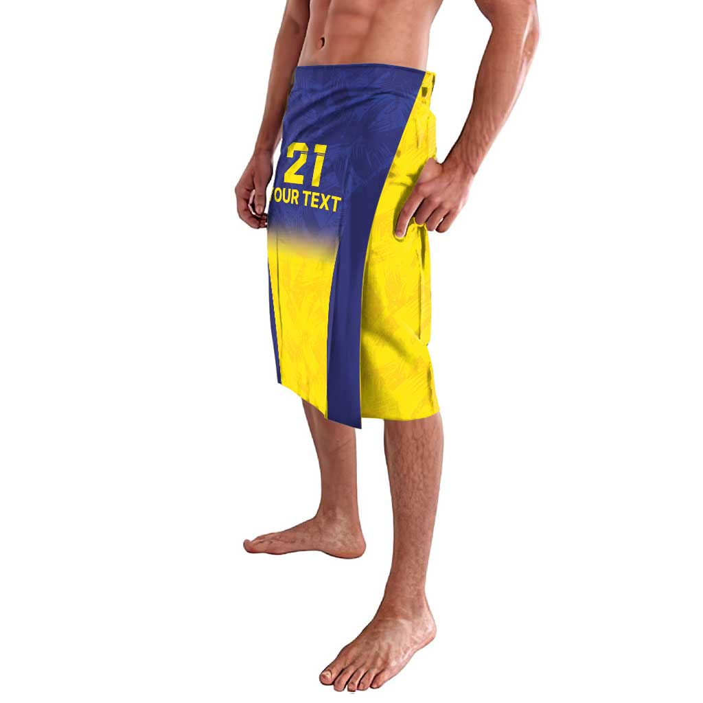Knee-length blue-and-yellow custom shorts with custom text graphic on side panel