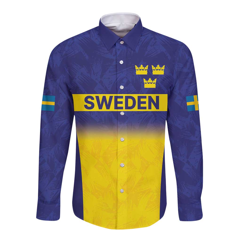 Unisex long-sleeve button rugby shirt in blue and yellow with Sweden graphic and crowns