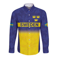 Unisex long-sleeve button rugby shirt in blue and yellow with Sweden graphic and crowns