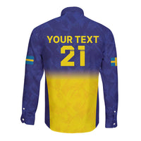 Unisex long-sleeve button rugby shirt in blue and yellow with "YOUR TEXT 21" on back