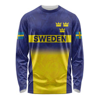 Sweden long-sleeve rugby shirt, blue and yellow flag design, Three Crowns and SWEDEN print