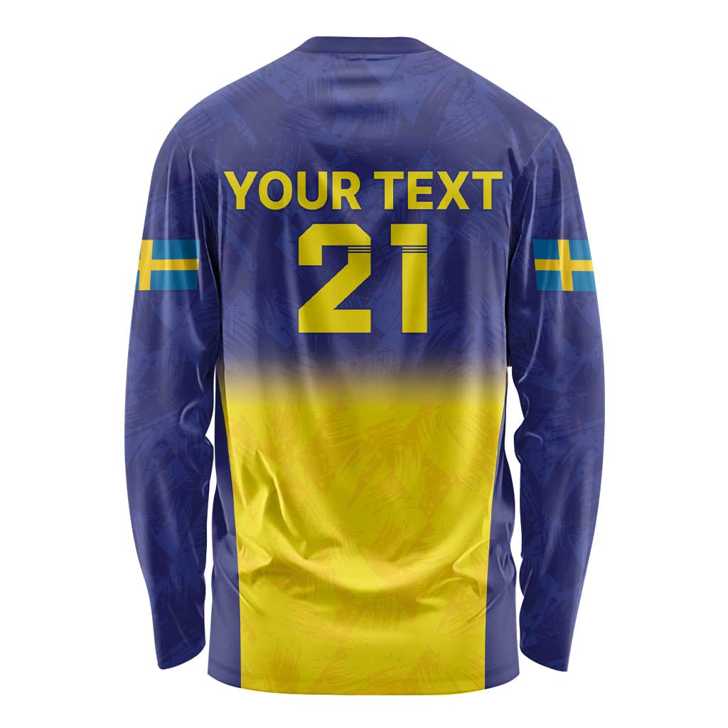 Sweden long-sleeve rugby shirt back, YOUR TEXT 21 and blue-yellow flag design
