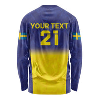 Sweden long-sleeve rugby shirt back, YOUR TEXT 21 and blue-yellow flag design