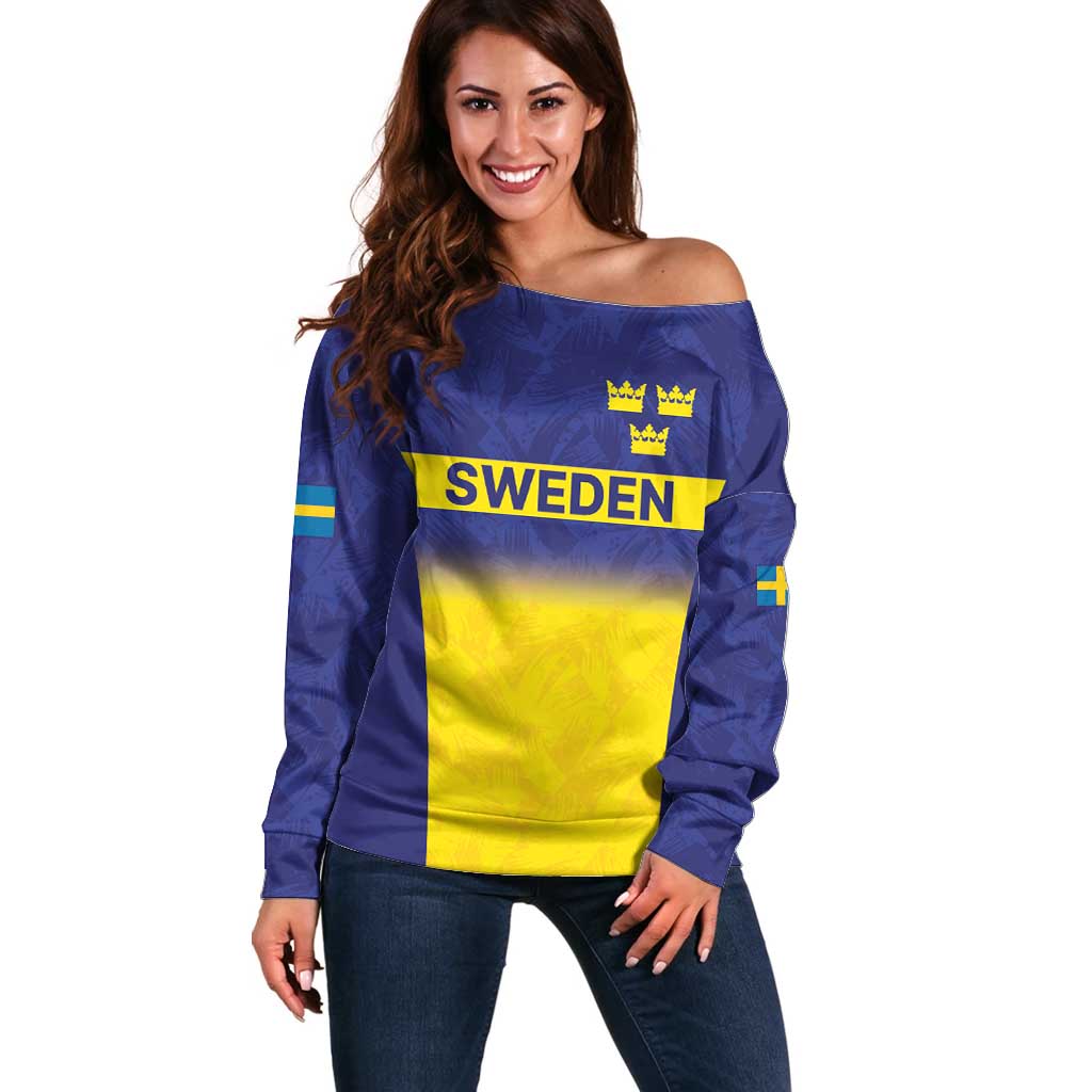 Sweden Rugby Custom Off Shoulder Sweater Three Crowns of Sweden Blue Pattern