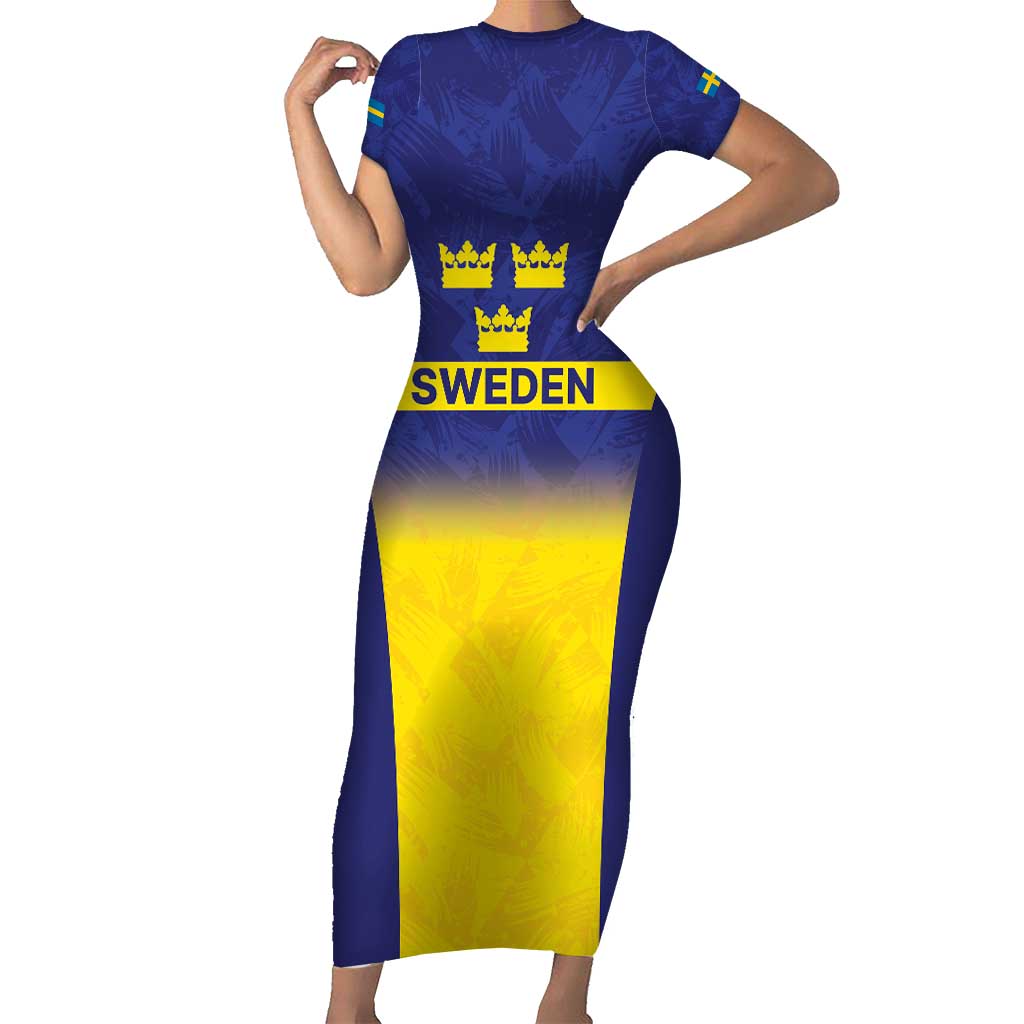 Sweden Rugby Custom Short Sleeve Bodycon Dress Three Crowns of Sweden Blue Pattern