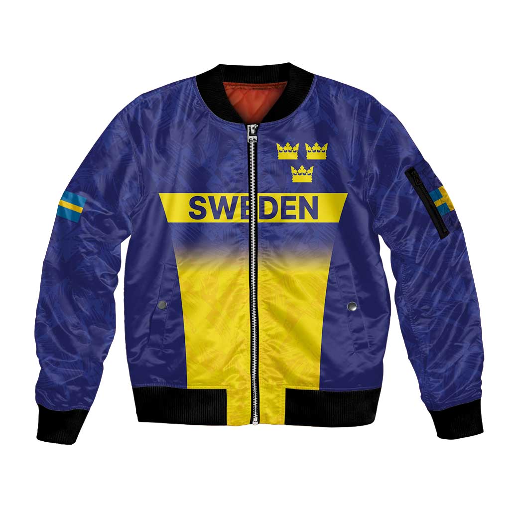 Sweden Rugby Custom Sleeve Zip Bomber Jacket Three Crowns of Sweden Blue Pattern