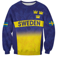 Unisex blue rugby sweatshirt with Sweden text, crowns, yellow graphic panel