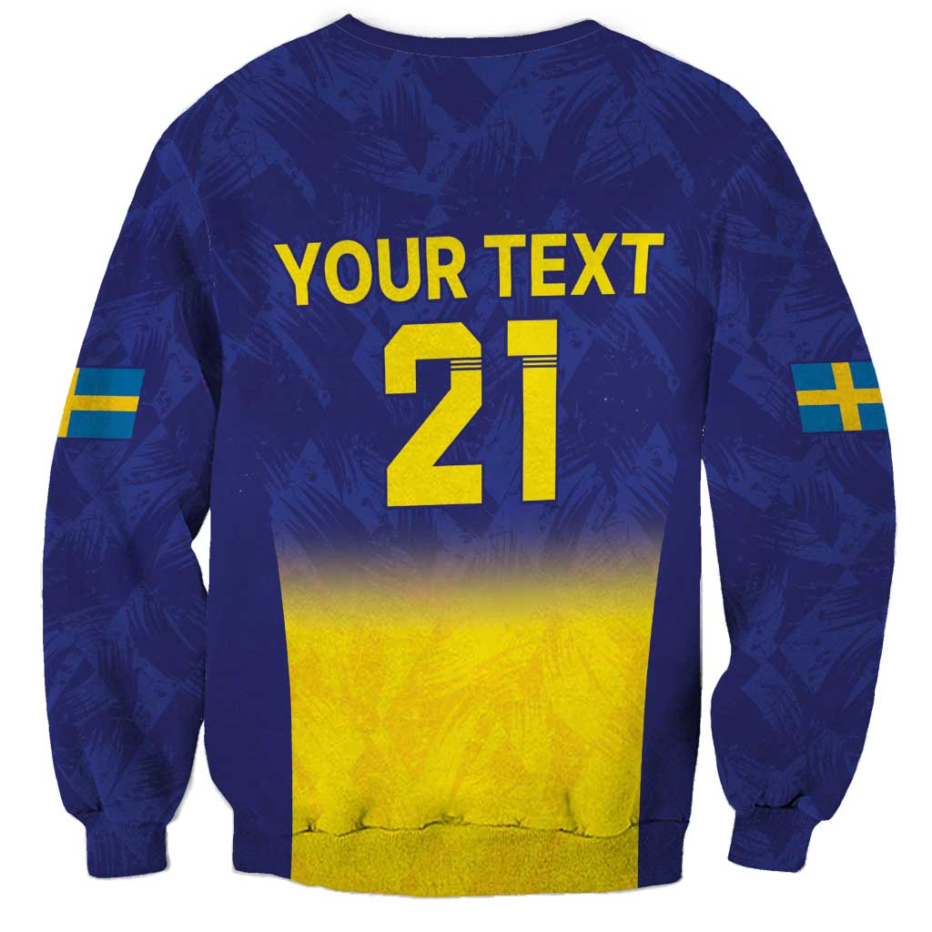 Unisex blue rugby sweatshirt back with YOUR TEXT 21, yellow number and flags