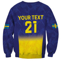 Unisex blue rugby sweatshirt back with YOUR TEXT 21, yellow number and flags
