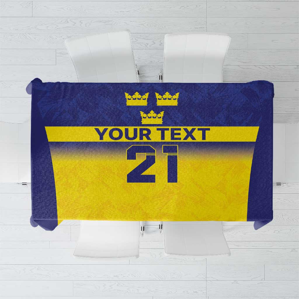Blue and yellow tablecloth with crown emblem and custom text, number 21 panel design