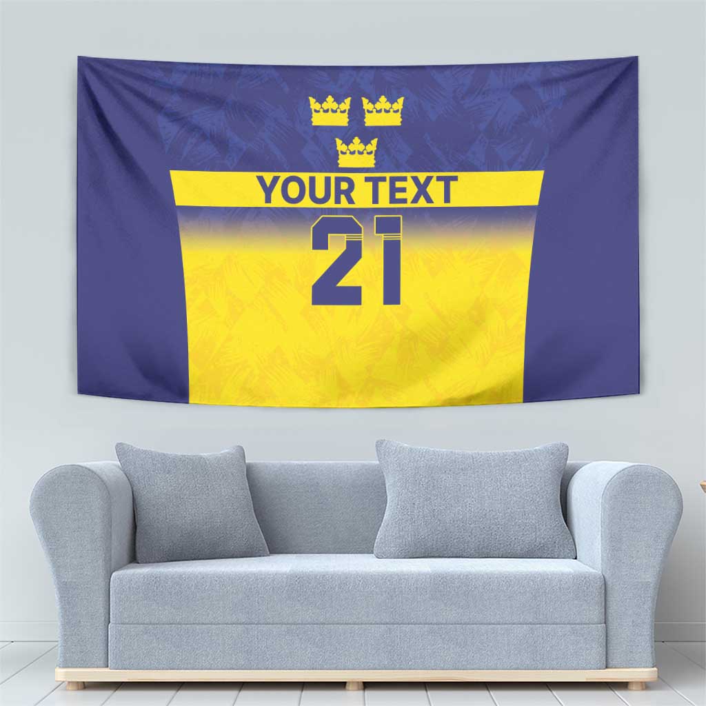 Front view blue tapestry with three crowns, yellow panel, “YOUR TEXT,” and number 21