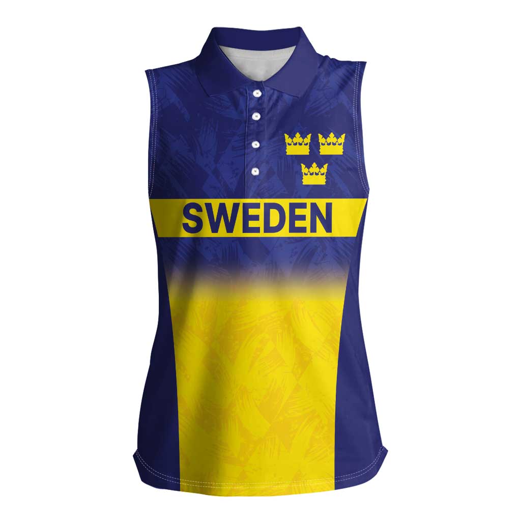 Sweden Rugby Custom Women Sleeveless Polo Shirt Three Crowns of Sweden Blue Pattern