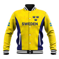 Gold custom baseball jacket with blue side stripes, ribbed collar, snap buttons, Sweden logo