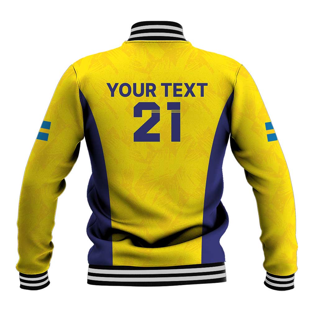 Gold custom baseball jacket back with blue panels, ribbed collar, striped cuffs, 'YOUR TEXT 21'