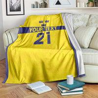 Gold custom rugby blanket with navy trim, crown symbols, and large '21' with 'YOUR TEXT'